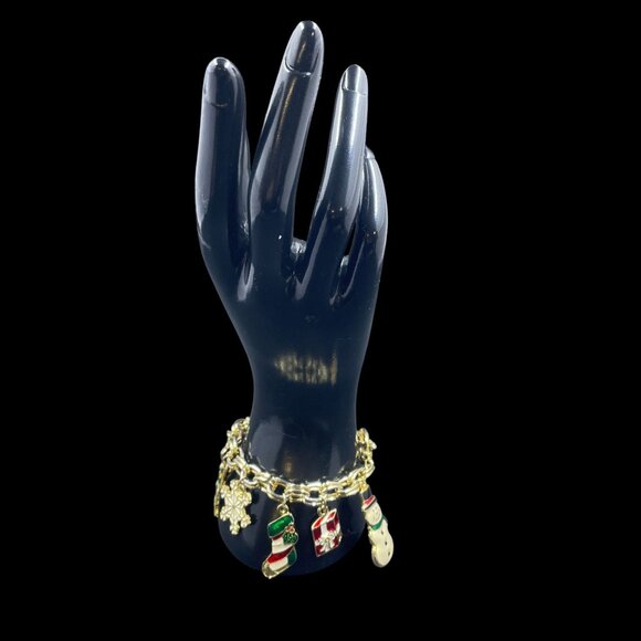 Vintage Holiday Charm Bracelet Gold Christmas Enamel Coquette Whimsical Gift - Picture 2 of 7